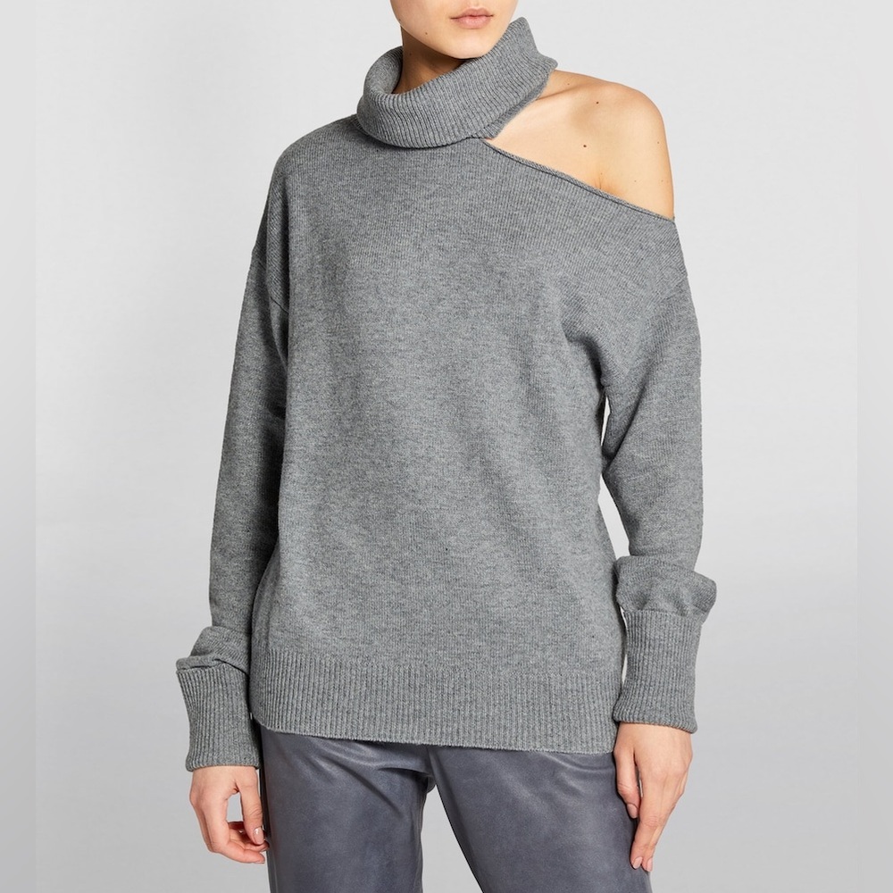 PAIGE Raundi Wool Blend Cutout Shoulder Turtleneck Sweater Heather Grey